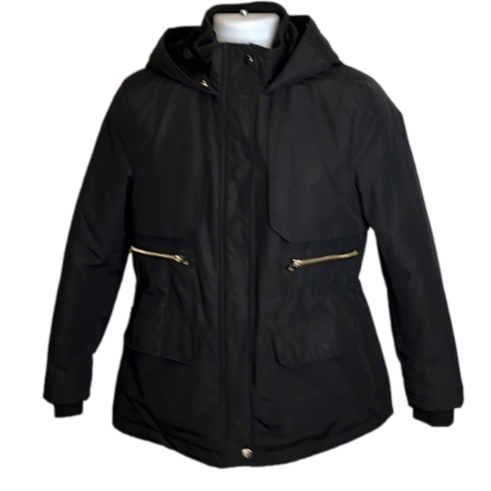 ZARA black coat, size medium, gold tone accents, drawstring waist, like new